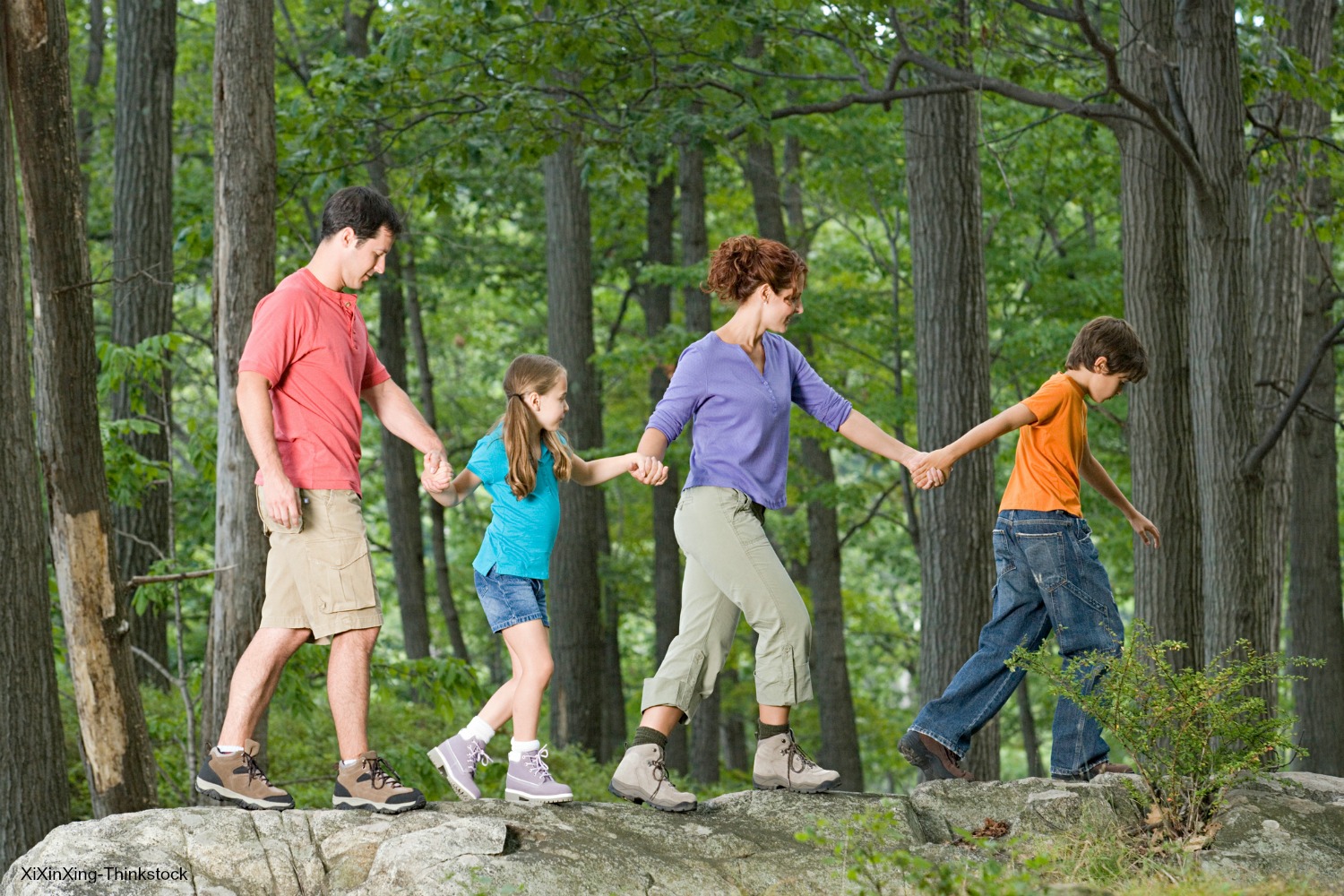Family walking a rocky trail.