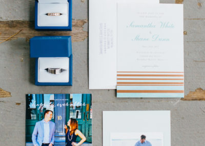 Samantha and Shane Dunn wedding rings, invitations.