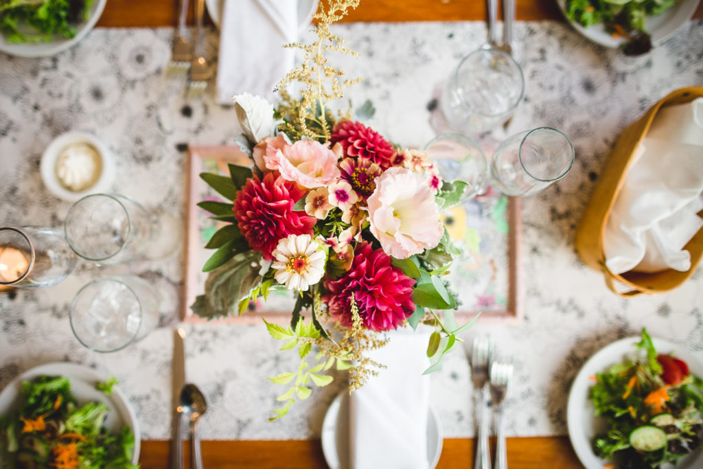 close up of wedding reception table flower arrangement.