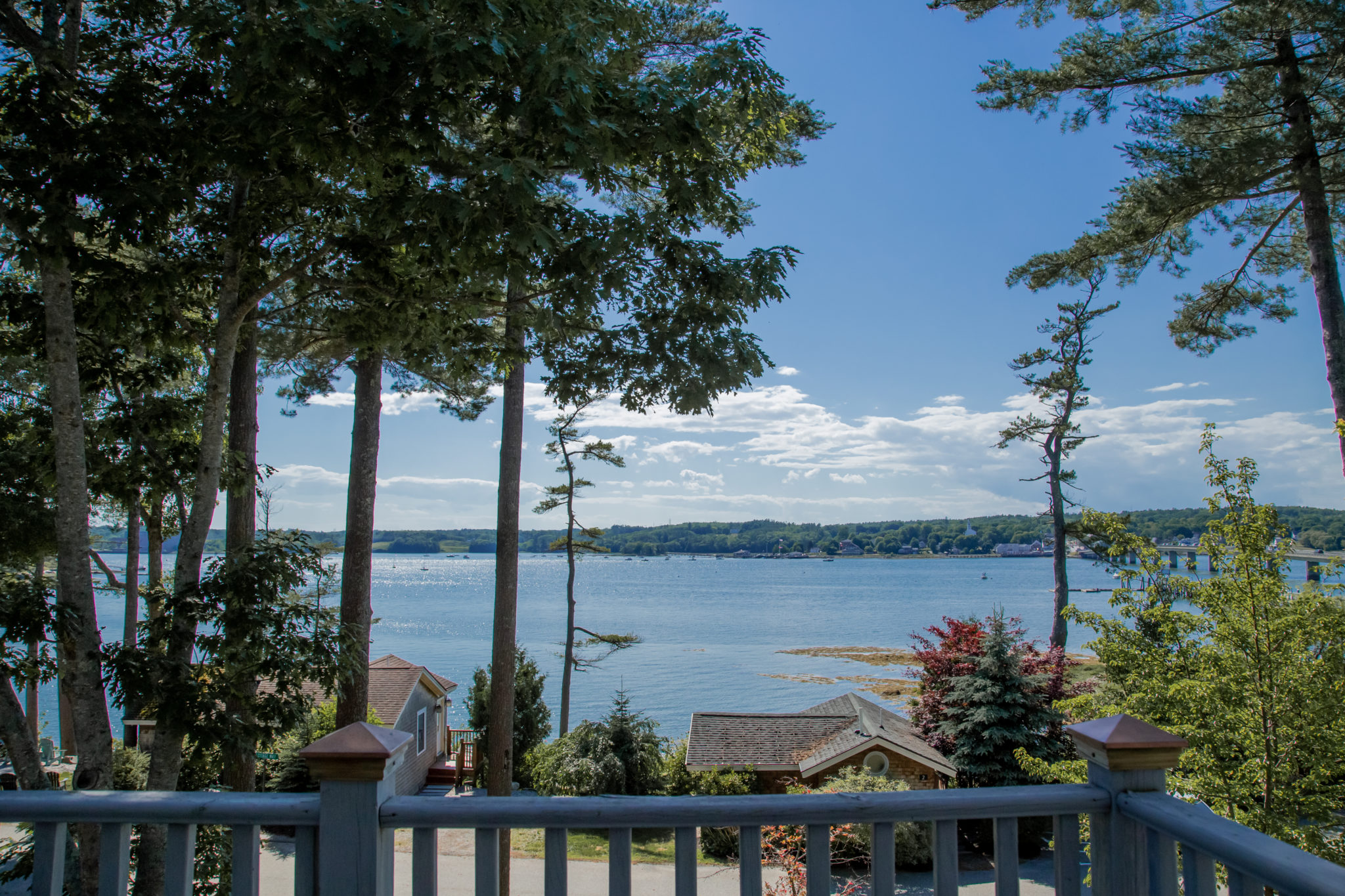 Cottage balcony view of the bay.