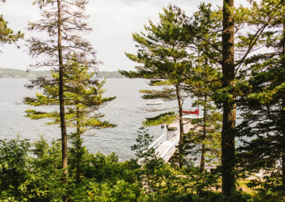 View of Linekin Bay and pier from woods.