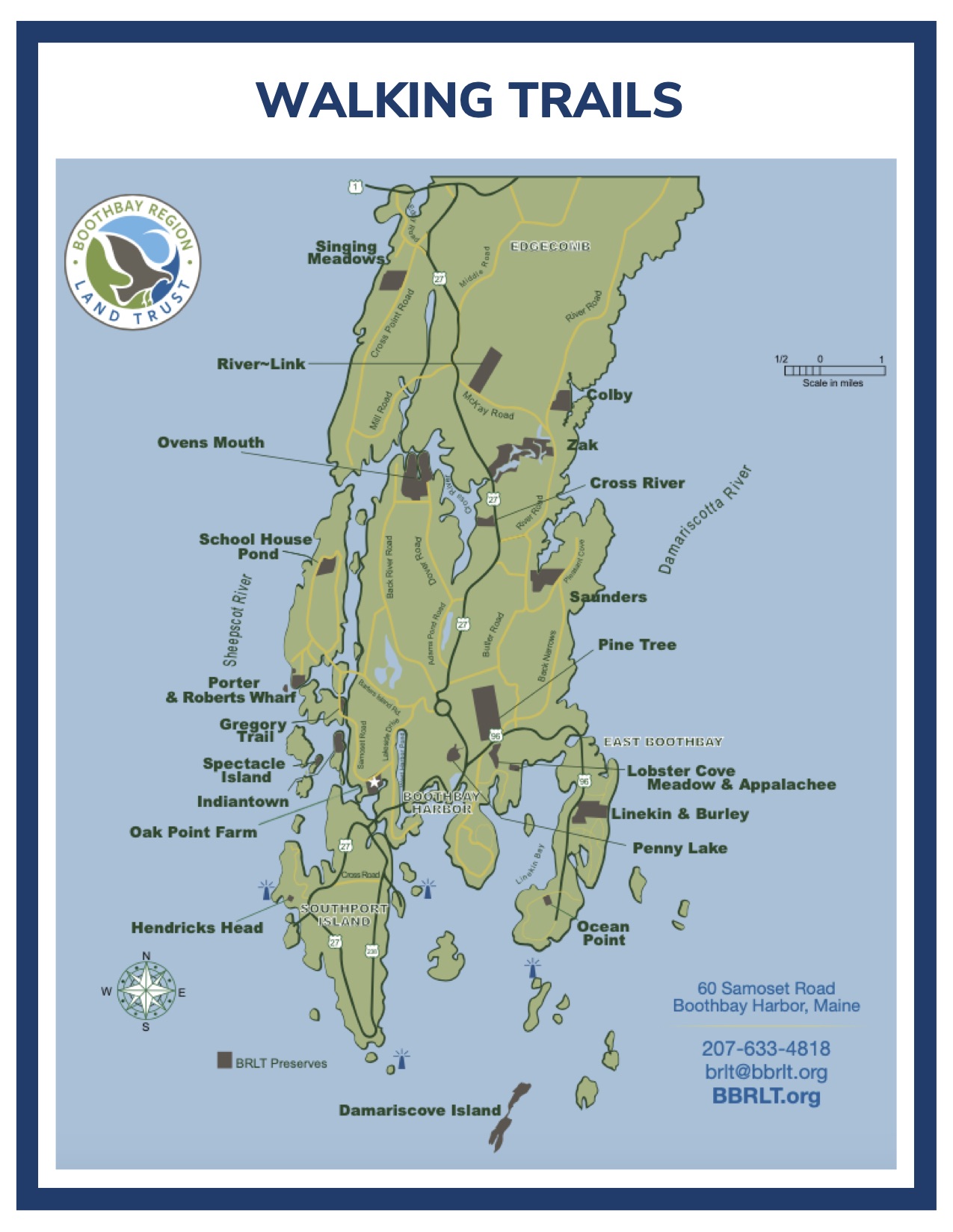 Boothbay Region Land Trust map of region walking trails from Edgecomb to Southport. 