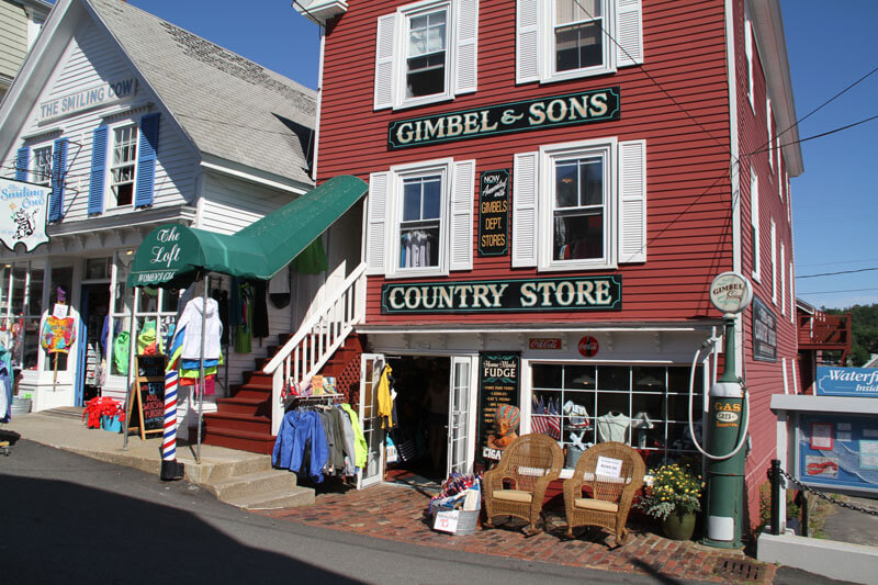 The view of stores in downtown Boothbay Harbor.